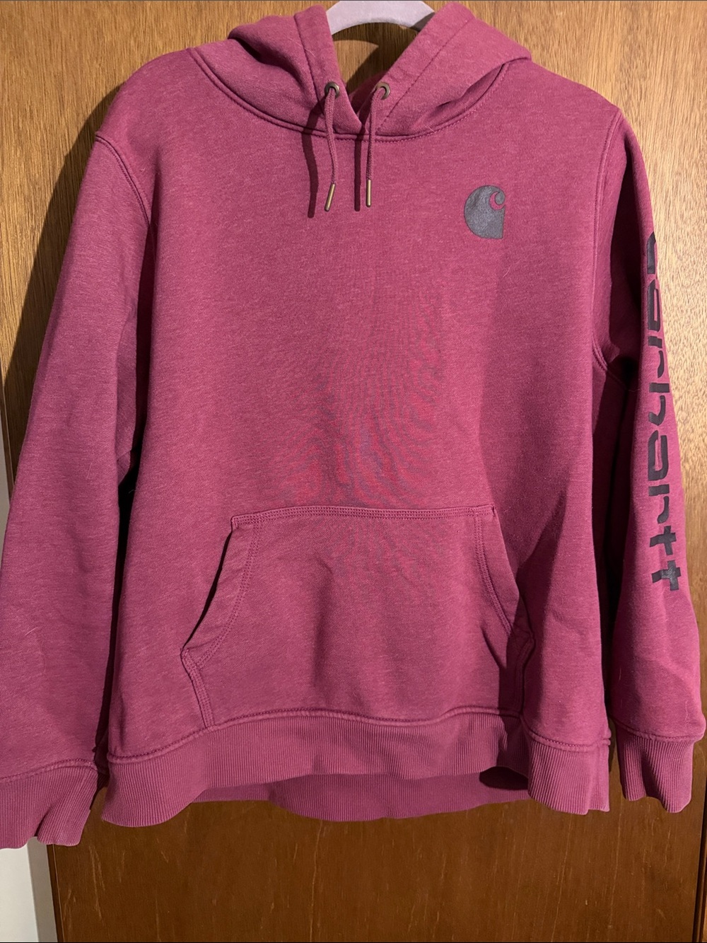 Carhartt Women's Hoodie in Raspberry-Pink with Logo Sleeve